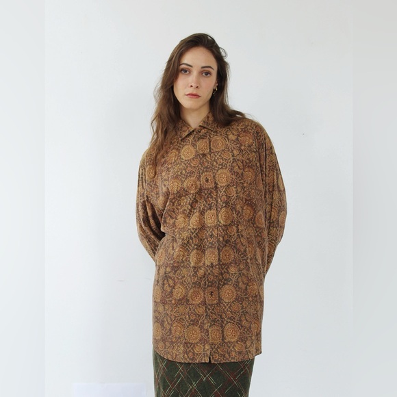 POLO RALPH LAUREN Mocha Paisley Shirt- Button Front Oversized Loose Baggy xl - Picture 2 of 4